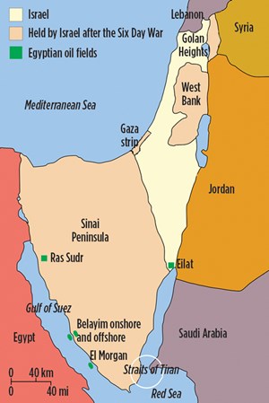 The Six-Day War included Israel’s capture of the Sinai Peninsula, Gaza Strip, West Bank, Jerusalem and the Golan Heights. The Sinai Peninsula takeover included capturing Belayim and Ras Sudr oil fields.