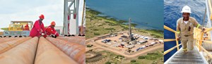 Left: The exploration and appraisal drilling campaigns in Kenya’s South Lokichar basin have been particularly successful. Photo: Tullow Oil Co. Center: Tullow Oil has drilled more than 80 wells throughout Uganda, and has discovered 1.7 Bbbl of oil, thus far. Photo: Tullow Oil Co. Right: Mozambique’s Offshore Area 1 could contain an estimated 75 Tcf of gas. Anadarko operates in Area 1 with a 26.5% interest. Photo: Anadarko Petroleum Corp.