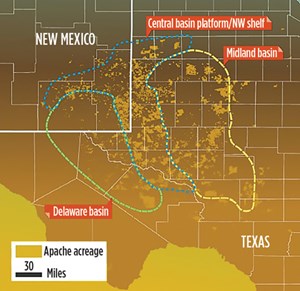 Fig. 1. Apache’s more than 3.3 million gross acres traverse the three subsets of the Permian Basin Petroleum System and are prospective for multiple formations, including the Bone Spring, Wolfcamp, Lower Spraberry, Yeso and others. Source: Apache Corp.