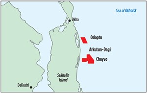 Fig. 4. Chayvo, Odoptu and Arkutun-Dagi fields make up the Sakhalin-1 project in the Okhotsk Sea. Image: Japan Petroleum Exploration Co.