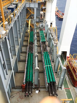 Fig. 2. The baskets holding the color-coded LSS doubles, to designate pressure ratings, were arranged sequentially on the pipe deck, in the order that they were to be run into the well.