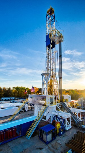 Fig. 2. The sun rises over Nomac Drilling’s high-performing, state-of-the-art PeakeRig #70, drilling for Chesapeake Energy in Carroll County, Ohio. Image: Chesapeake Energy.