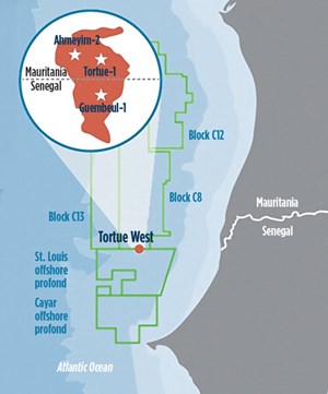 Fig. 1. Kosmos Energy’s activity in the Tortue West structure indicates a large, continuous gas accumulation. The company has drilled five consecutive, successful wells offshore Mauritania and Senegal, through the Greater Tortue area. Image: Kosmos Energy.
