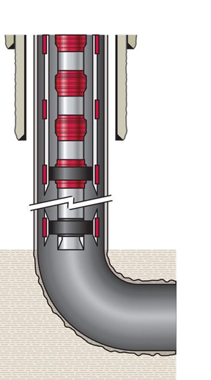 Fig. 1. The schematic shows the MetalSkin expandable liner, which was used to isolate the upper 7,000 ft of production casing, and the packer seat that facilitated setting the packer deeper in the well.