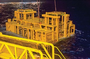 Fig. 1. Julia pump station deployment at an approximately 7,200-ft water depth.  The pump provides increased production rates and higher ultimate recovery in the Julia development. Photo: Exxon Mobil.