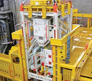 Fig. 2. A 3.0-MW single-phase pump system for Julia field is designed for internal pressures up to 13,500 psi, and delivers production 15 mi to the Chevron JSM host facility. Photo: Schlumberger.