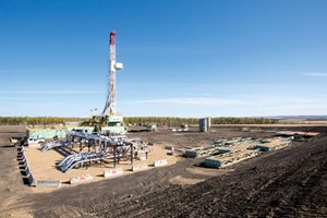 Fig. 1. A rig at work on an Encana Montney location. It is one of the nine rigs that the company plans to run this year in its core Montney and Duvernay leaseholds. Photo: Encana Corp.