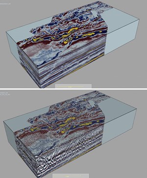 Fig. 2. Specular energy (top), and specular energy co-visualized with diffraction energy (bottom) in the Eagle Ford shale of South Texas.