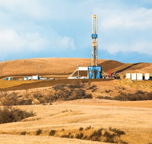 Fig. 3. One of the six rigs that Marathon plans to operate throughout the year, primarily within its Myrmidon asset in McKenzie County, N.D. Image: Marathon Oil Corp.