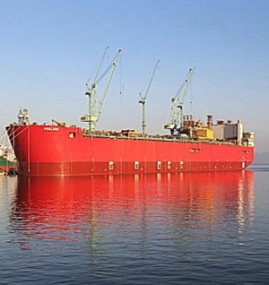 Shell&#x27;s LNG vessel, Prelude, on open water