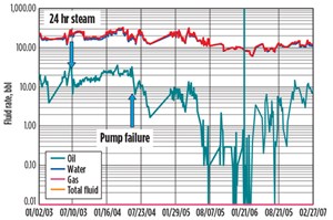 Fig. 3. Production graph detailing the loss of production after a Hot Shot of Steam. Note that water production is not impacted.