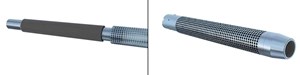 Fig. 2a. A protective shroud is placed over a compressed stack of ceramic rings (left). Fig. 2b. Complete sand screen assembly with end caps and anchor (right).