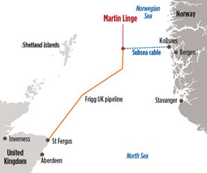 Fig. 1. Total’s Martin Linge platforms are fully-electric and powered by a nearly 100-mi subsea cable connected to Norway’s coast. Source: Total.