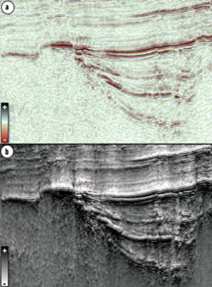 Fig. 1. Enhanced visualization (1b) clarifies faults of different order, and the effects of pseudo-relief that highlight the sedimentary environment and the lateral variation of events.