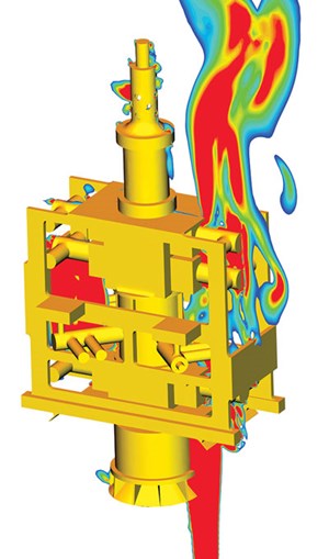 Fig. 3. A CFD-constructed model of a subsea blowout to simulate real-time landing of the capping stack.