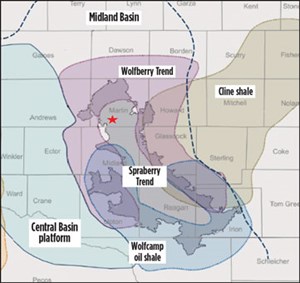 Fig. 1. The Midland basin, showing the Spraberry trend with the location (star) of the subject wells. Map: Shale Experts.