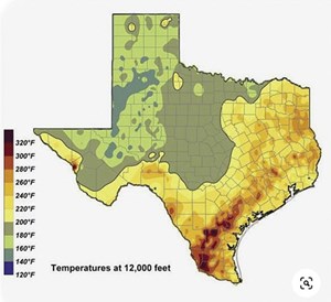 Fig. 1. Texas oil and gas well bottomhole temperatures at 12,000 ft, TD, and the dark orange area with temperature of 300°F - 320°F.