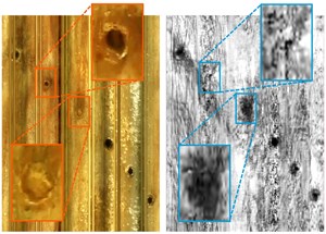 Simultaneous capture of Array Video (left) &amp; Phased Array Ultrasound (right) for a single cluster- perfs 4 &amp; 5 missed by ultrasound