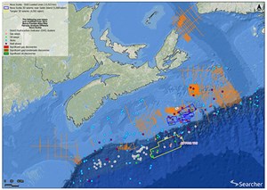 Fig. 1. Map shows Searcher Seismic data available in offshore Nova Scotia, together with direct hydrocarbon indicators, gas and oil seeps, slicks and well shows. Map: Searcher Seismic.