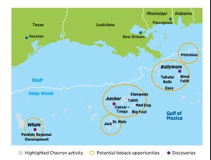 Fig. 2. Chevron project start-ups include Mad Dog 2 in 2022; St. Malo injection in 2023; Anchor and Whale in 2024; and beyond that, Ballymore. Map: Chevron.