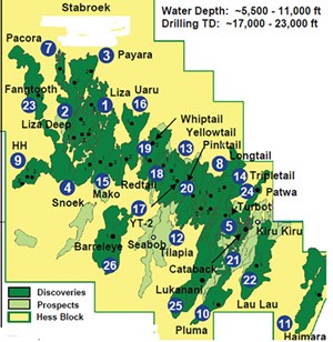 Fig. 2. At last count, the giant Stabroek Block has accounted for 26 major discoveries. Stabroek is said to be equivalent in size to 1,150 Gulf of Mexico blocks. Source: Hess Corp.