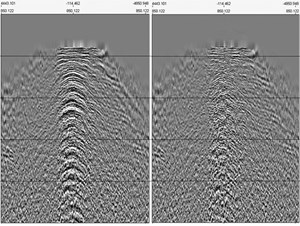 Fig. 4. Near well line, common receiver gather after NMO correction, before (left) and after (right) 3D PRT noise estimation and removal processing.