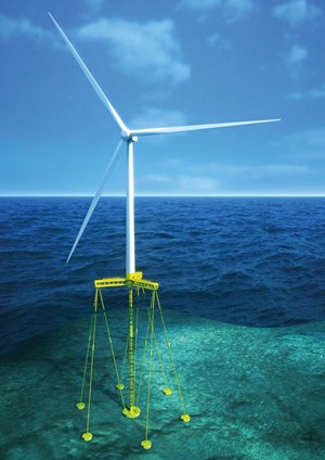 Fig. 2. The FTLP™ Floating Wind Platform (or “Fixed TLP”) developed under Oil States’ OSI Renewables brand offers the benefits of a highly stable fixed platform structure to the floating wind market. Image: Oil States International.