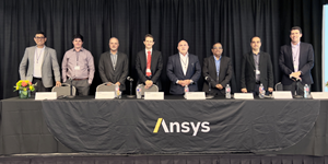 Ansys CTO Prith Banerjee, left, poses with panelists during an Ansys digital transformation event on Thursday.