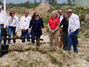 Clay Woodul, RRC Assistant Director of the Oil and Gas Division for Field Operations, shows Secretary Deb Haaland and members of Congress an orphaned well scheduled to be plugged in Houston.