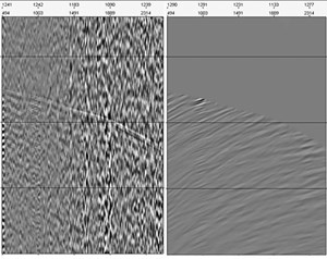 Fig. 5. Example mid-offset shot record raw (left) and processed upgoing wavefield.