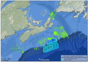 Fig. 2. Map shows Searcher Seismic data available in offshore Nova Scotia and parcels in Open Call for Bids. Map: Searcher Seismic.