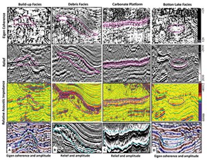 Fig 6. The seismic pattern for each computed attribute. The merge of attributes like Eigen coherence and amplitude highlights characteristics of the seismic facies. The build-up(A) shows the fractured internal structure and conical morphology, and the bottom lake facies (D), their parallel plane reflectors.  The merge of the relief and the seismic amplitude highlight the plane-parallel reflectors of the carbonate platform facies (C) and the chaotic and fractured internal structure of the debris facies (B).
