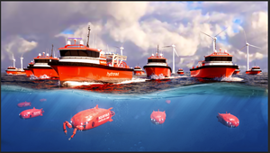 Hydronaut autonomous surface vessel transporting Aquanaut subsea robots to form fully intelligent, autonomous offshore robotic fleet