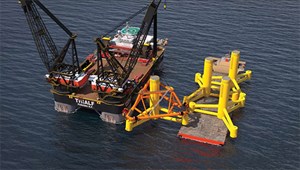 Fig. 2. Floaters are constructed onshore before being dry-towed on a vessel to the location. After arrival, they are installed, using a floating installation frame to lift the floaters from the vessel.