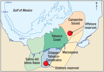 Geographic location of the onshore and offshore reservoirs studied. 