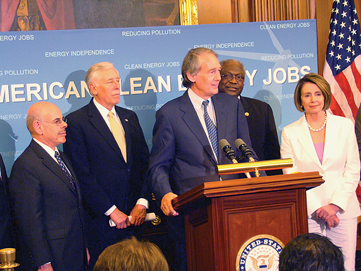 Cap-and-trade legislation introduced by Democratic Reps. Henry Waxman of California (far left) and Edward Markey of Massachusetts (center) passed by a narrow 219–212 vote in the US House of Representatives in June. The corresponding bill in the Senate faces even tougher odds this year. 