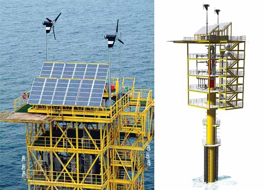 Fig.
1. Cutter field�s monotower uses wind turbines and solar panels.