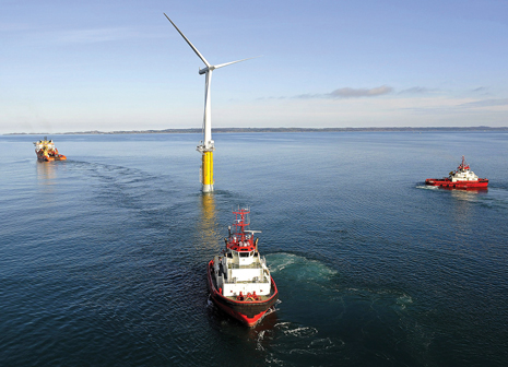 Fig. 7. The world’s first large-scale floating wind turbine, 12 km southeast of Karmøy in Norway, is installed in 220 m of water. Image courtesy of Statoil.