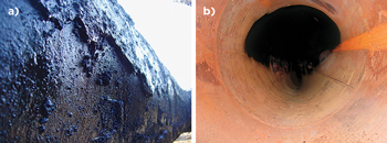 Fig. 2. a) Scale buildup on the fire tube.  b) Interior fire tube collapse after a hotspot caused metal fatigue.