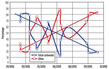 Fig. 5. Development of the relative abundance of carbonate and non-carbonate minerals in the solid samples removed from the plant.