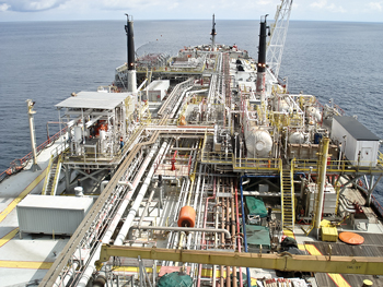 Fig. 1. The traditional approach to producing a short-life field is to use an FPSO, with a topsides arrangement similar to this scheme used on the Petroleo Nautipa at Etame field, offshore Gabon.