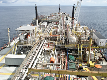 Fig. 1. The traditional approach to producing a short-life field is to use an FPSO, with a topsides arrangement similar to this scheme used on the Petroleo Nautipa at Etame field, offshore Gabon. Fig. 1. The traditional approach to producing a short-life field is to use an FPSO, with a topsides arrangement similar to this scheme used on the Petroleo Nautipa at Etame field, offshore Gabon.