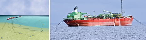 Fig. 2. At Okwori field offshore Nigeria, the original development plan (left) had 16 subsea wells in 140 m of water tied back to the Sendje Berge FPSO (right). Additional subsea wells have been added over time, and more subsea completions are planned soon. Fig. 2. At Okwori field offshore Nigeria, the original development plan (left) had 16 subsea wells in 140 m of water tied back to the Sendje Berge FPSO (right). Additional subsea wells have been added over time, and more subsea completions are planned soon.