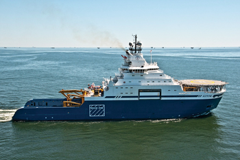 Fig. 6. In late March, Galliano, La.-based Edison Chouest handed over the keys to the newbuild M/V Aiviq icebreaker to Shell Exploration and Production, which will use the 360-ft vessel in its planned arctic drilling program. Photo courtesy of Shell.