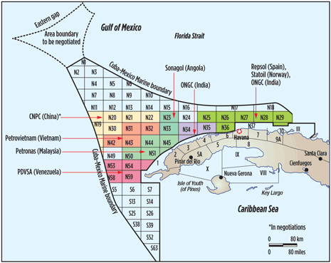 Fig. 1. Exploration blocks off the west coast of Cuba, with currently leased blocks highlighted. Image courtesy Congressional Research Service.