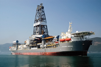 Fig. 3. Transocean drillship Discoverer Americas left the Gulf during the moratorium, but has since returned and drilled successful wells for Statoil and Anadarko. Photo courtesy of Transocean.