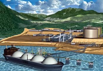 Fig. 2. Artist’s conception of the Kitimat LNG export terminal, set to begin shipping up to 5 million metric tons a year by 2016. Courtesy of Apache Canada Ltd.