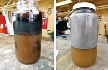 Fig. 7. Mixture of oil and paraffin over water (left) and foam over water