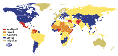 NYA International categorizes countries into five levels of risk for kidnapping.