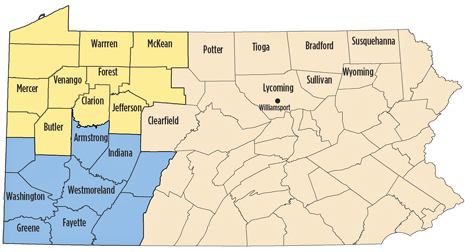 The Marcellus is revitalizing the economies of many Pennsylvania towns that had fallen on hard times, such as Williamsport, in Lycoming County, in the northeastern part of the state. Map courtesy of Pennsylvania Department of Environmental Protection.